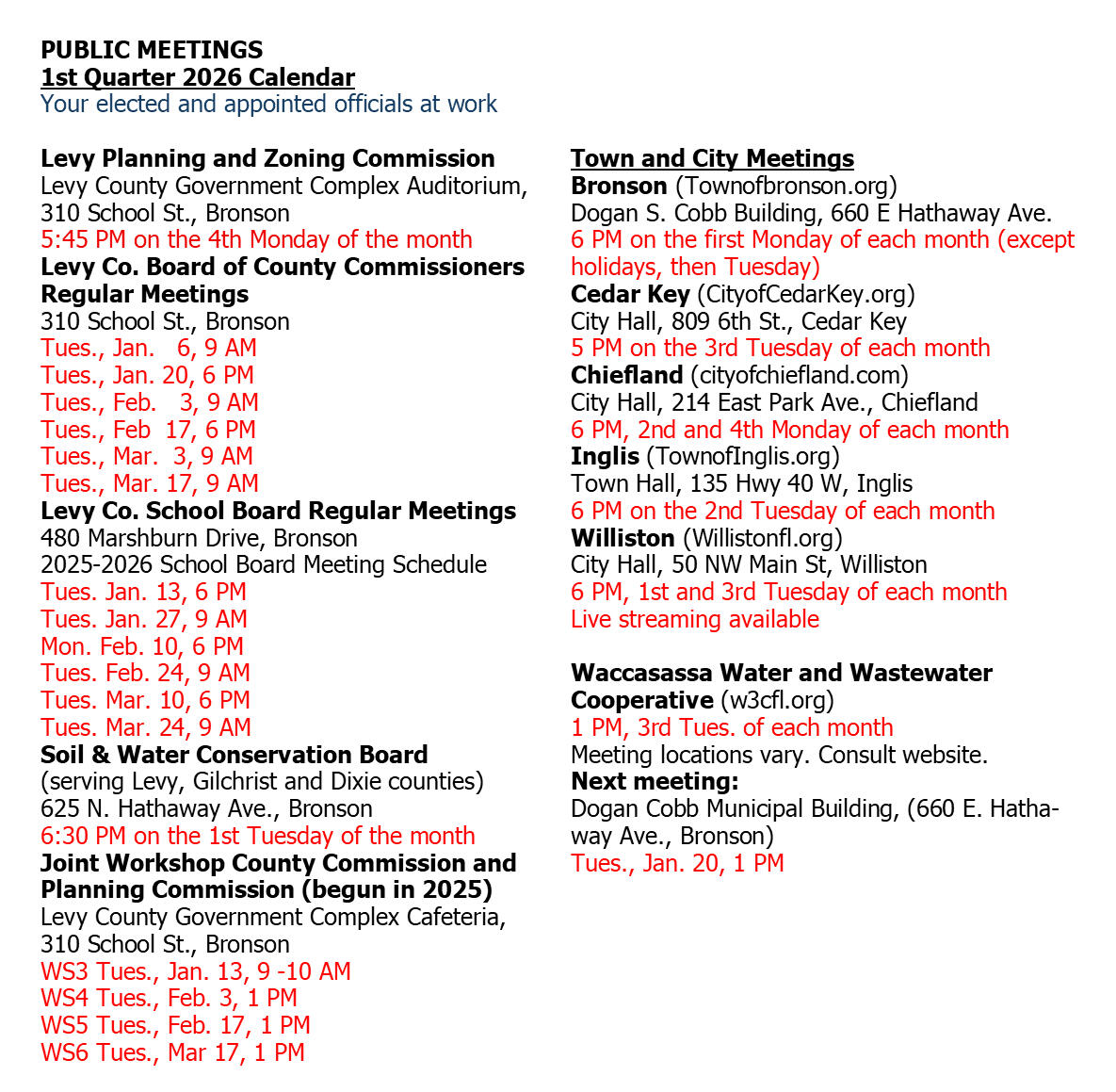 Levy County and Town Public Meetings 1st Quarter 2026