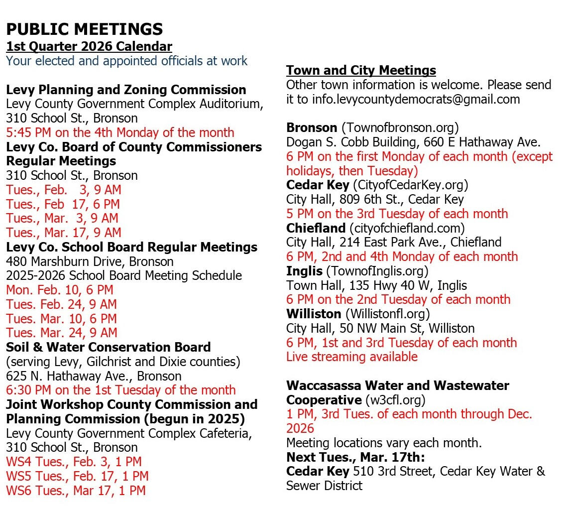 Levy County and Town Public Meetings 1st Quarter 2026 Levy County and Town Public Meetings 1st Quarter 2026